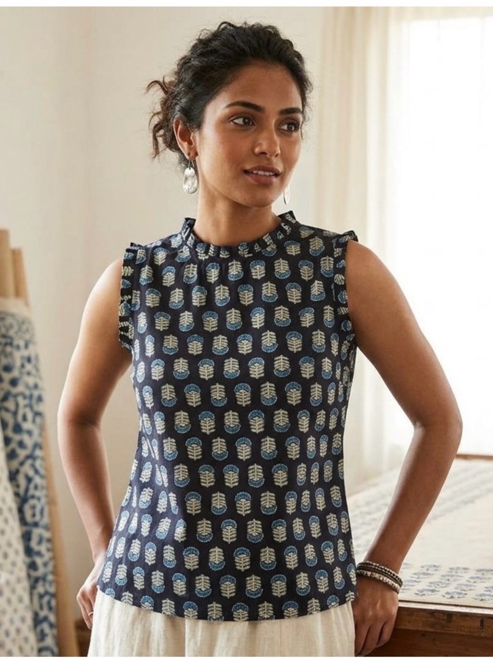 J. Crew Navy Sleeveless Printed Ruffle-Trim Linen Top